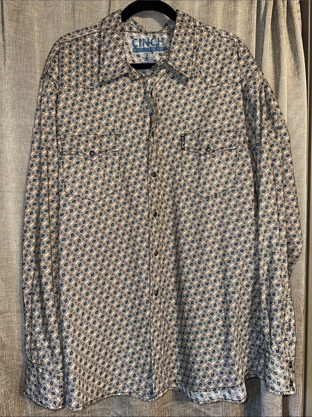 Cinch Modern Fit Long-Sleeve Button Shirt - Tan, Turquoise, & White Pattern
